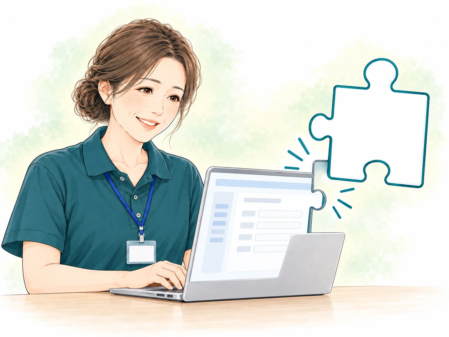 現在のPC画面へ新しい機能を追加する45歳前後の女性職員