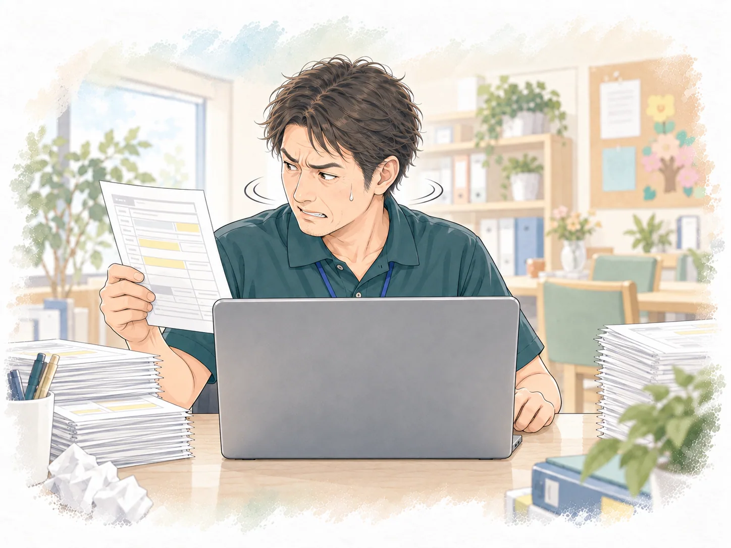 正しい向きのノートPCを前に、首を動かして紙資料へ視線を向ける45歳前後の男性職員