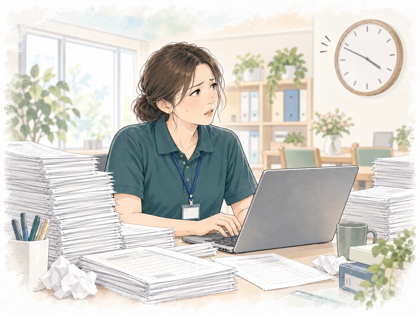 時計を気にしながら大量の書類を手入力する45歳前後の女性職員