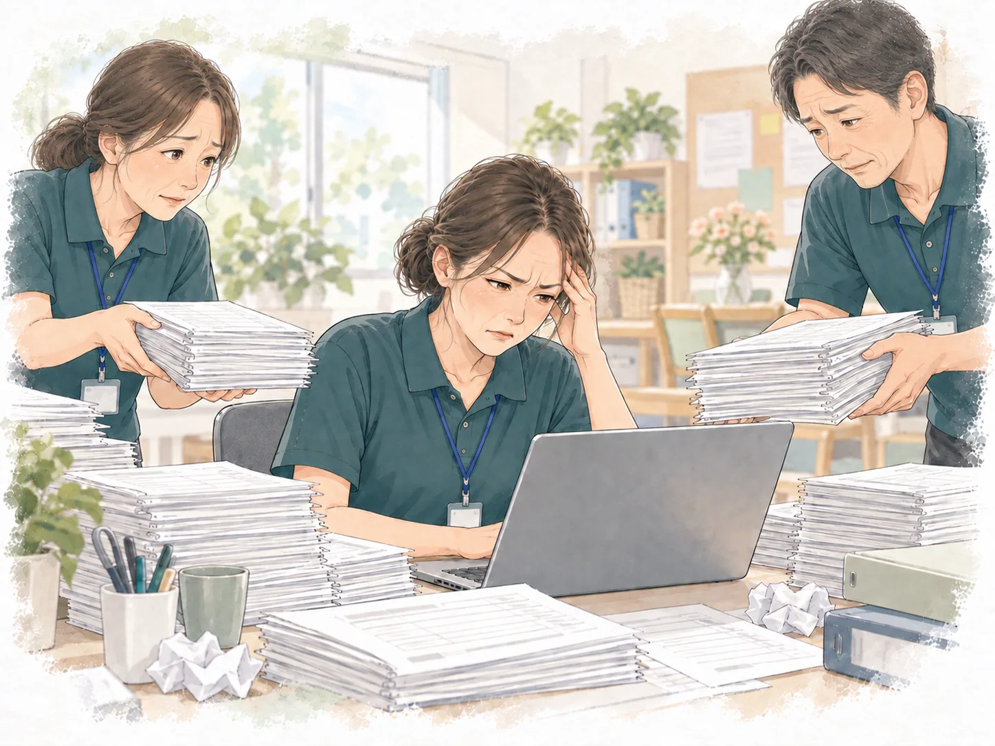 申し訳なさそうな職員から書類を渡され、嫌そうな表情で入力作業を抱える45歳前後の女性職員